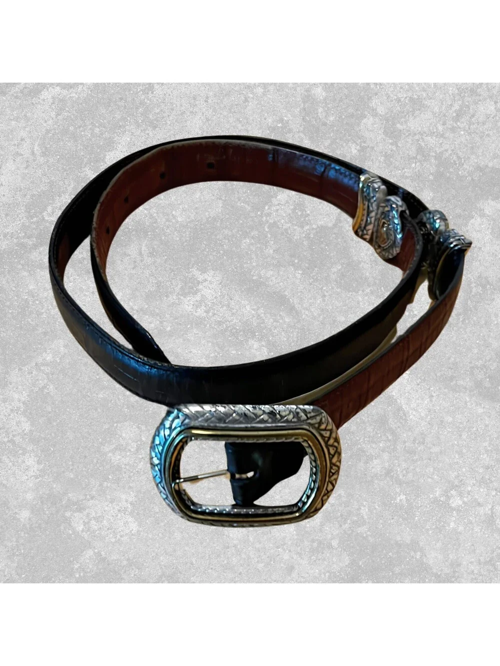 Vintage Brighton Western Black Leather Croc Embossed Belt Silver Buckle Cowgirl